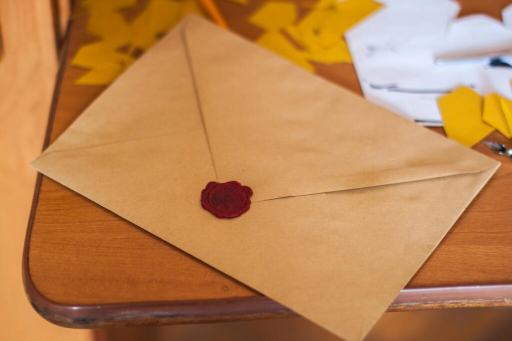 A close-up of a vintage envelope sealed with wax, lying on a wooden table.