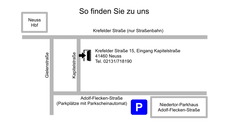 Wegbeschreibung zur Goldkamp Rechtsanwaltsgesellschaft mbH in Neuss, Krefelder Straße 15, Eingang Kapitelstraße, mit Hinweis auf Neuss Hauptbahnhof, Niedertor-Parkhaus und Parkplätze an der Adolf-Flecken-Straße.