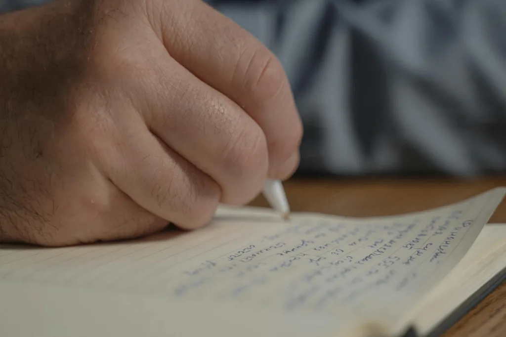 close up of a person writing on a notebook